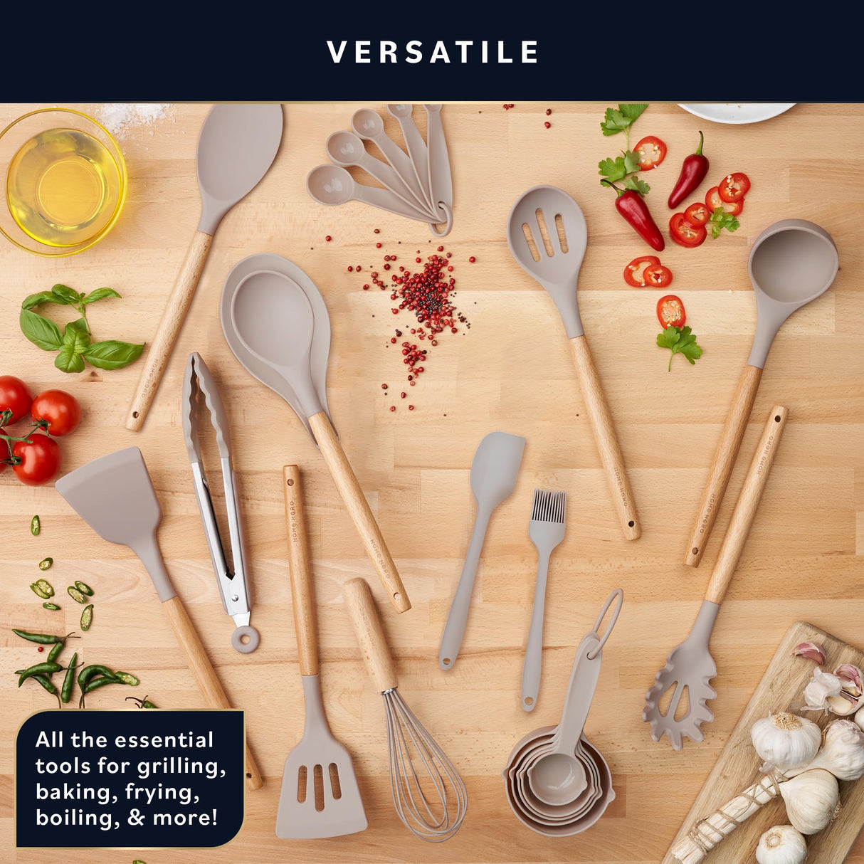 Home Hero 33 Pcs Kitchen Cooking Utensils Set, Non-Stick Silicone Cooking Kitchen Utensils Spatula Set with Holder, Wooden Handle Silicone Kitchen Gadgets Utensil Set (33 Pcs - Khaki) Home Hero