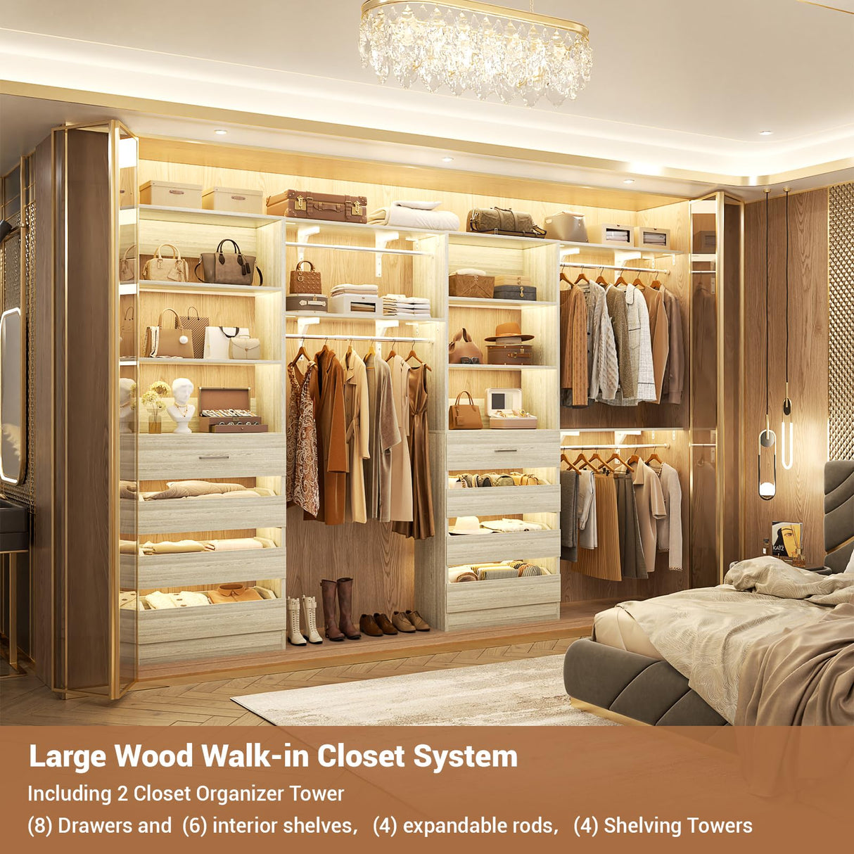 Aheaplus Closet System with 8 Wooden Drawers, Wood Closet Organizer System with Tower, Walk-in Closet Organizer Wardrobe Clothes Rack with 4 Hanging Rods, Garment Rack, Cut to Fit 7-12Ft, White Oak Aheaplus