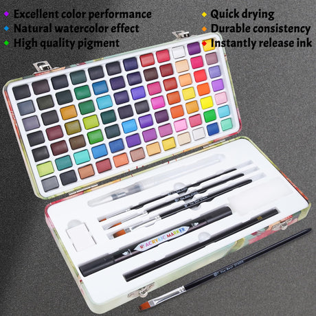 TBC The Best Crafts 84 Colors Watercolor Paint Set For Kids, Students and Artists, Amateur,Beginner.Set includes Coloring Sheets, Black Dual Tip Acrylic Paint Markers, Storage Bag TBC The Best Crafts