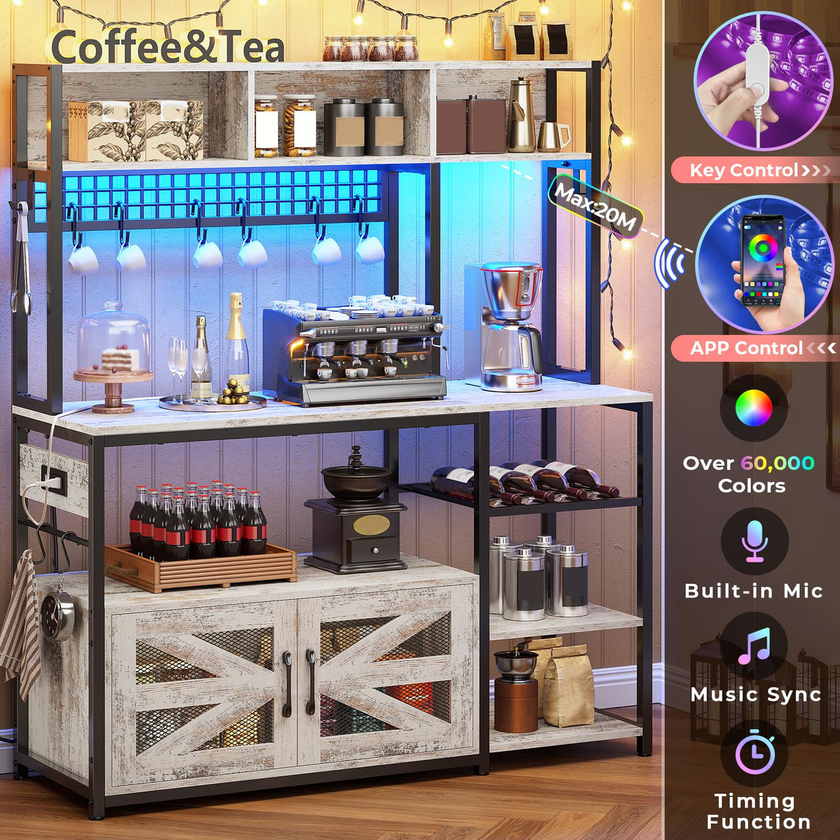 Itaar 47.2 Inch Bakers Rack with Power Outlet, Microwave Stand with Storage, Farmhouse Coffee Bar Cabinet Station with Wine Rack, Iron Mesh and 8-S Hooks, Vintage White Itaar