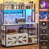 Itaar 47.2 Inch Bakers Rack with Power Outlet, Microwave Stand with Storage, Farmhouse Coffee Bar Cabinet Station with Wine Rack, Iron Mesh and 8-S Hooks, Vintage White Itaar