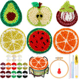 Yaomiao 6 Pcs Fruit Punch Needle Coaster Kit Punch Needle Embroidery Kits Craft Supplies with Patterns Yarns Tools Adhesive Felt Embroidery Hoop Instruction Holder for Adult DIY Yaomiao