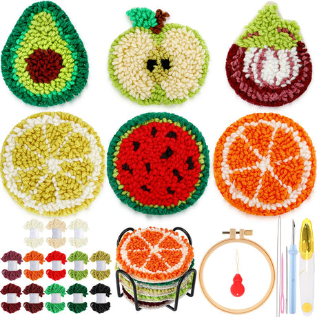 Yaomiao 6 Pcs Fruit Punch Needle Coaster Kit Punch Needle Embroidery Kits Craft Supplies with Patterns Yarns Tools Adhesive Felt Embroidery Hoop Instruction Holder for Adult DIY Yaomiao