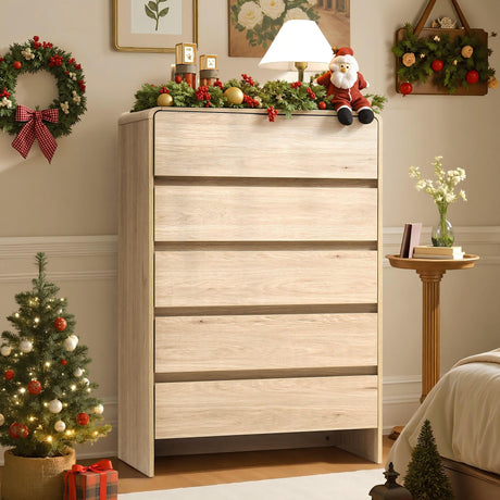 AMERLIFE 5 Drawer Dresser for Bedroom, 48" Tall Modern Chest of Storage Drawers with Rounded Corners, Anti-Tip Kit, Wood Cabinet Organizer for Closet, Living Room, Nursery, Easy Assembly, Light Oak AMERLIFE