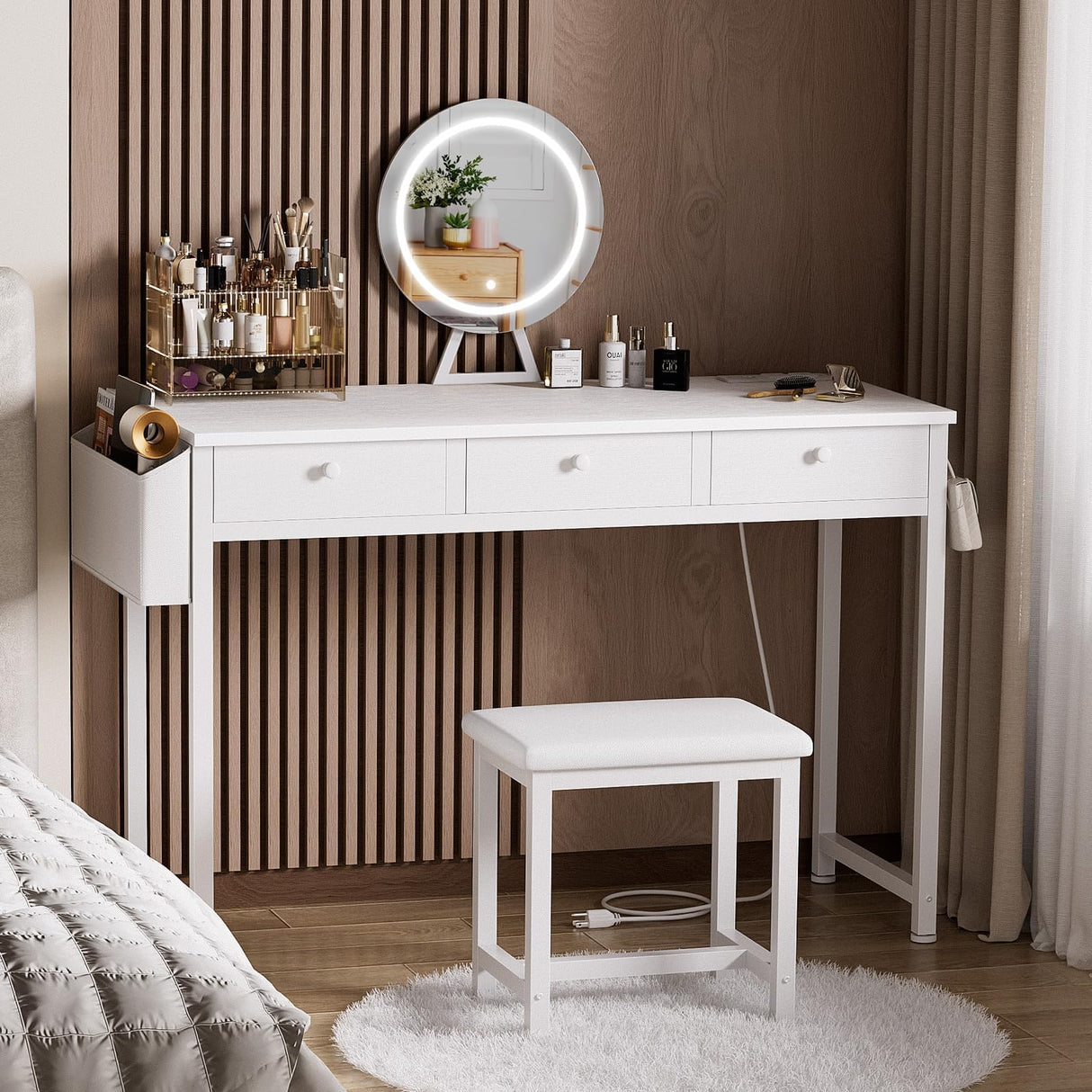 KAI-ROAD White Makeup Vanity Desk with Mirror and Lights Big Vanitys Set with Chair, Drawers and Power Outlet, Dressing Table Vanities for Girls Bedroom 47“ KAI-ROAD