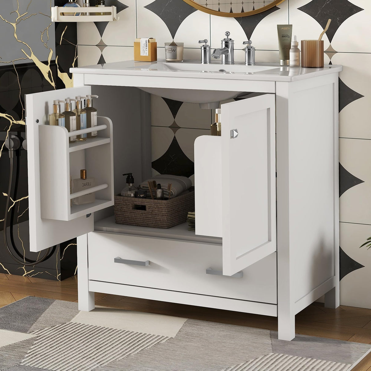 30" Bathroom Vanity with Sink 30 Inch Bathroom Vanity with Top, 2 Doors and a Drawer, Soft Closing, Modern Bathroom Vanity with Sink 30" for Bathroom No Mirror (White) Mirightone