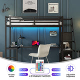 MAKIAAP Full Metal Loft Bed with Desk, Wardrobe & Storage Stairs – Heavy Duty Frame with LED Lights & Charging Station, Space-Saving Design for Adults & Teens (Black, Full) MAKIAAP