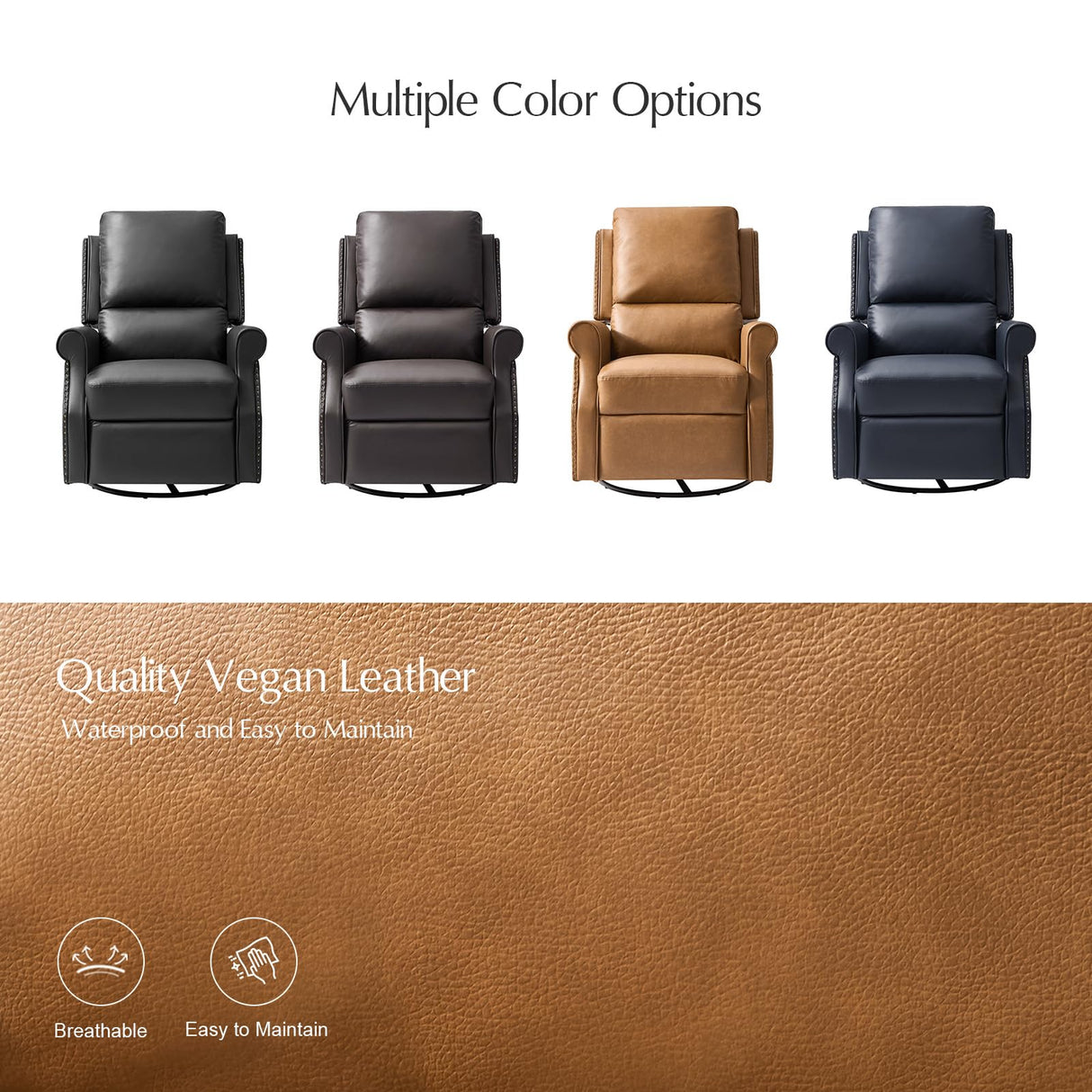 HULALA HOME Faux Leather Swivel Rocker Recliners Set of 2 with Adjustable Backrest and Footrest, Push Back Recliner Chairs with Nailhead Trim, Swivel Glider Rocking Chairs for Living Room, Camel HULALA HOME