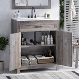 VINGLI Farmhouse Bathroom Vanity with Ceramic Sink, Bathroom Vanity Cabinet w/Barn Door&Faux Drawer, 30 Inch Bathroom Sink Cabinet Combo, Rustic Floor Storage Cupboard,Grey Wash VINGLI