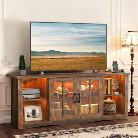 YESHOMY Farmhouse LED TV Stand with Power Outlet, for Televisions up to 65 Inches, Wood Entertainment Center with Glass Door Storage Cabinet, TV Console for Living Room, Brown YESHOMY
