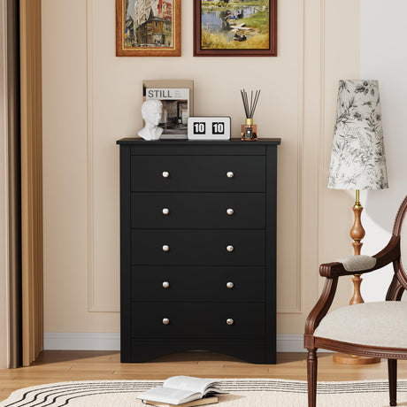 YESHOMY Tall Dresser for Bedroom with 5 Drawers, Modern Chest of Drawers, Wooden Dressers, TV Stand for Living Room,Closet, Hallway (Black) YESHOMY