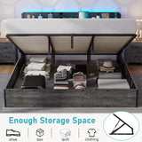 LUXOAK King Size Lift Up Storage Bed Frame with LED Lights, Linen Upholstered Headboard with Charging Station, Wooden LED Light Platform Bed Frame, No Spring Box Needed, Rustic Grey LUXOAK