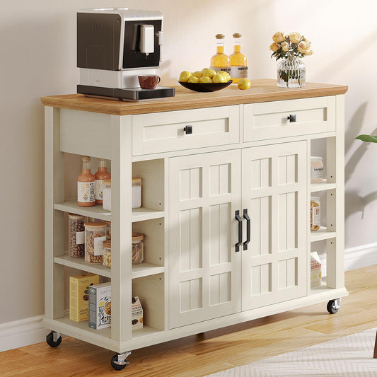 YITAHOME Kitchen Island with Storage Cabinet, Rolling Kitchen Cart on Wheels, Americana Kitchen Island Cabinet with Open Shelves for Kitchen Dining Room, Thicker Rubberwood Top, Off White