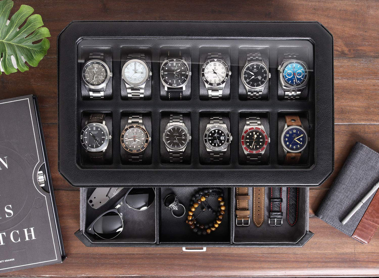 ROTHWELL 12 Slot Leather Watch Box with Valet Drawer - Luxury Watch and Jewelry Case Display Organizer, Microsuede liner, Mens Locking Storage Holder Large Glass Top (Black/Grey) ROTHWELL