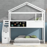 Harper & Bright Designs House Bunk Bed with Stairs,Twin Over Full Bunk Beds with Blackboard,Wood Kids Floor Bunk Bed Frame with Storage Shelves,Space-Saving Design, White Harper & Bright Designs