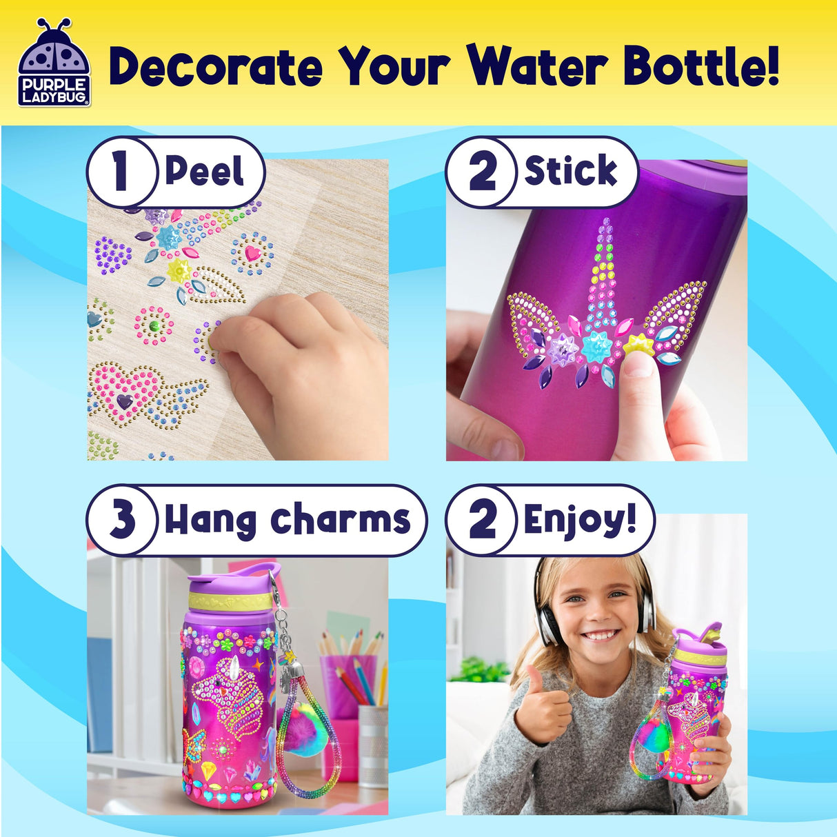 PURPLE LADYBUG Decorate Your Own Water Bottle Kit for Girls - Unicorn Design with Glitter Gem Stickers, Gifts for Girls Ages 5-8-10 Years Old Birthday, Fun Craft for Kids, Water Bottle for School PURPLE LADYBUG