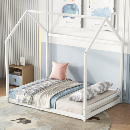 Bellemave Montessori Full House Bed Frame for Toddlers - White Wooden Floor Bed for Kids