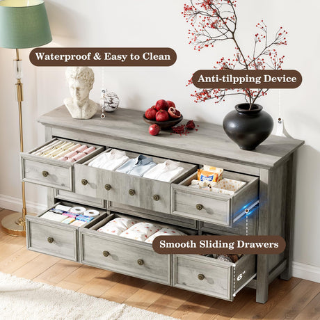 LGHM Dressers for Bedroom with 9 Drawers, 9 Drawer Dresser with Textured Borders, 58" W Chest of Drawers Closet Organizers and Storage Clothes - 6" Deep Drawer for Bedroom, Living Room,Gray LGHM