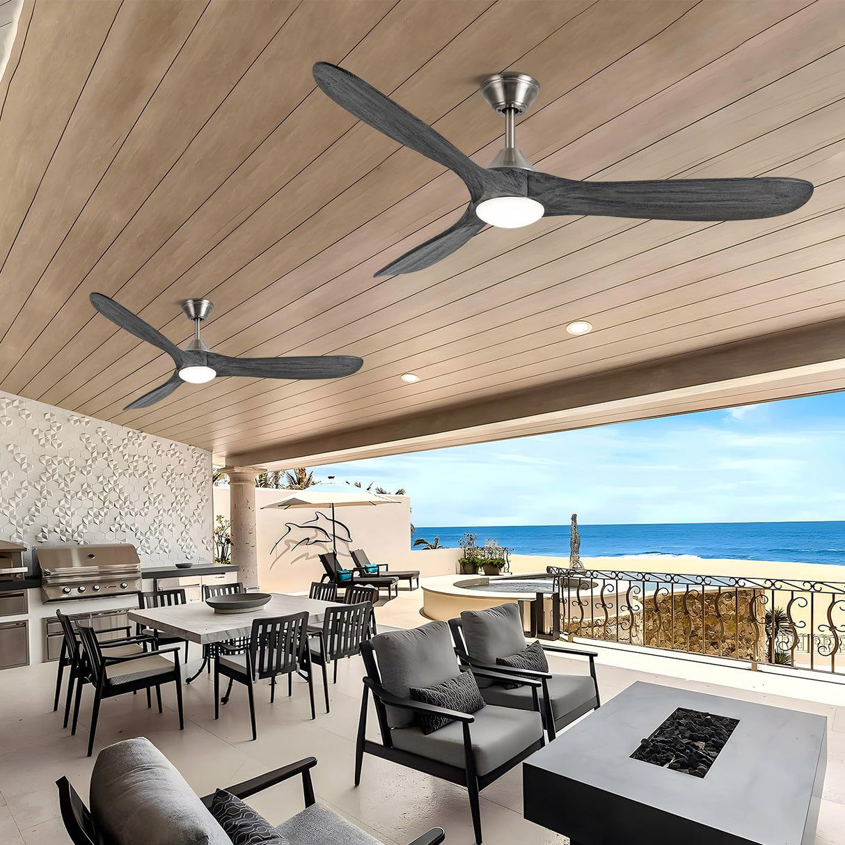 Outdoor Ceiling Fan with Light, 60 inch Ceiling Fan with Light and Remote, Modern Wood Ceiling Fan, Reversible Quiet DC Motor, High CFM, Dimmable Ceiling Fan for Indoor/Outdoor Nickel+Gray AUNLPB