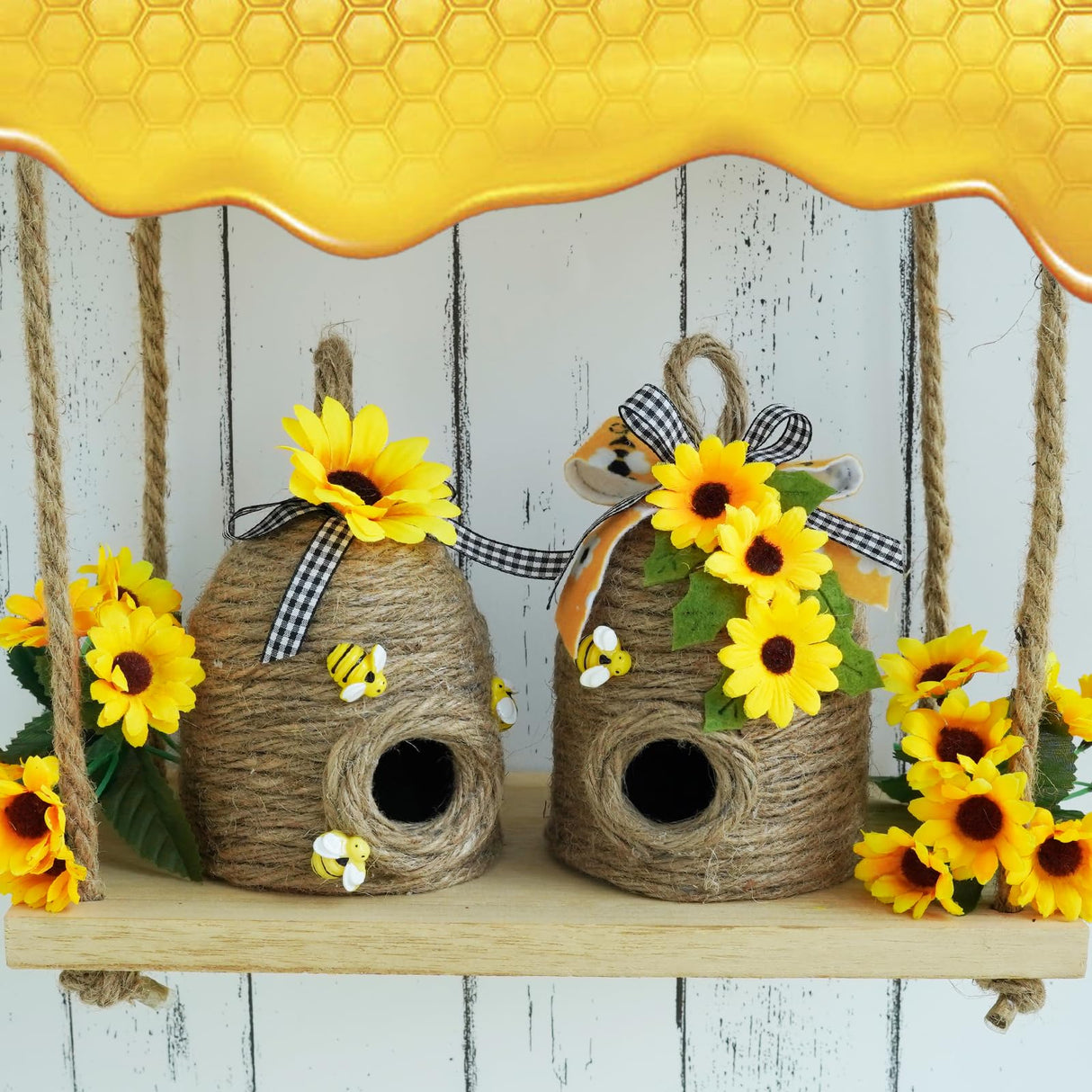 Bigger Bee Hive Decor,2 Pack Bumble Bee Rustic Decor Hive,Natural Bee House, Bumble Bee Theme Party Decor Spring Summer Rustic Farmhouse Kitchecn Table Decor, Honey Bee Tiered Tray Decor CRCZK