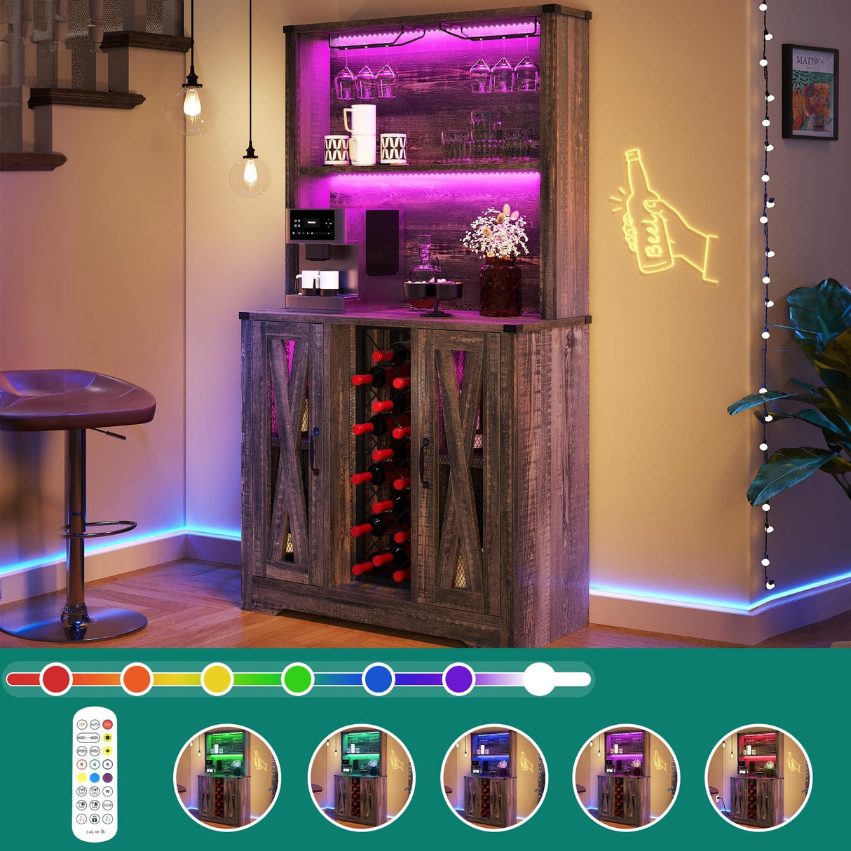 YITAHOME Wine Bar Cabinet, LED Farmhouse Liquor Cabinet Coffee Bar with Adjustable Shelves, 65 Inch Buffet Kitchen Storage Cabinet for Dinning Room, Kitchen, Living Room, Dark Rustic Oak YITAHOME