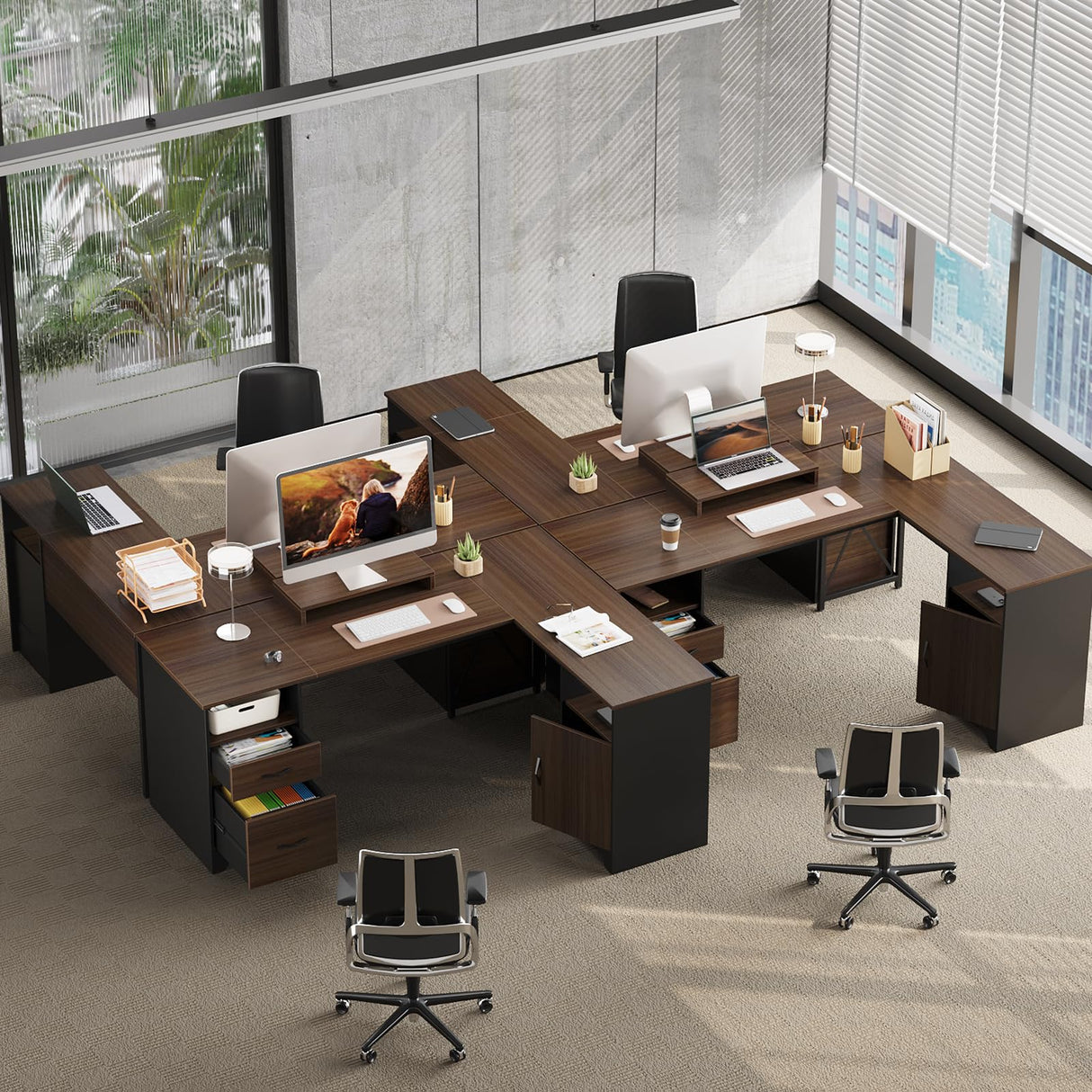 Bestier L Shaped Desk with File Drawers, 63" x 47" Office Computer Desk with Storage Cabinet, Corner Desk with Monitor Stand & Modesty Panel for Home Office, Gray Bestier