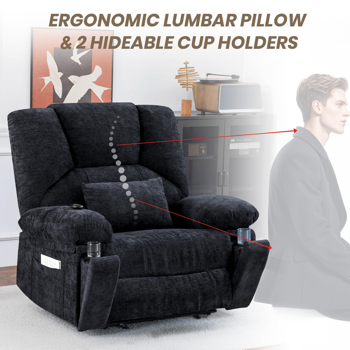 HOMYEDAMIC Oversized Power Recliner Chair 350lb with Hidable Cup Holders, Extra Wide Large Big Electric Recliner Chair with Lumbar Support Pillow Nursery Chair Living Room (Power, Black) HOMYEDAMIC