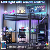 Full Size Loft Bed with Desk and Stairs, Gaming Loft Bed with RGB LED Light and Storage, Heavy-Duty Metal Lofts Beds Frame with Wardrobe, Shelves and Charging Station for Adults Kids Teens, Black Mirightone