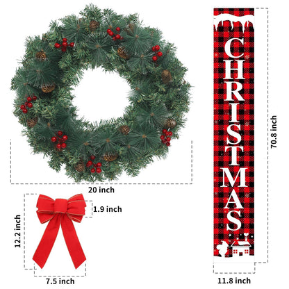 Outdoor Christmas Wreath for Front Door, Christmas Wreaths 20in Indoor Christmas Wreath, PVC Tips, Bow Ribbon, Christmas Door Banner