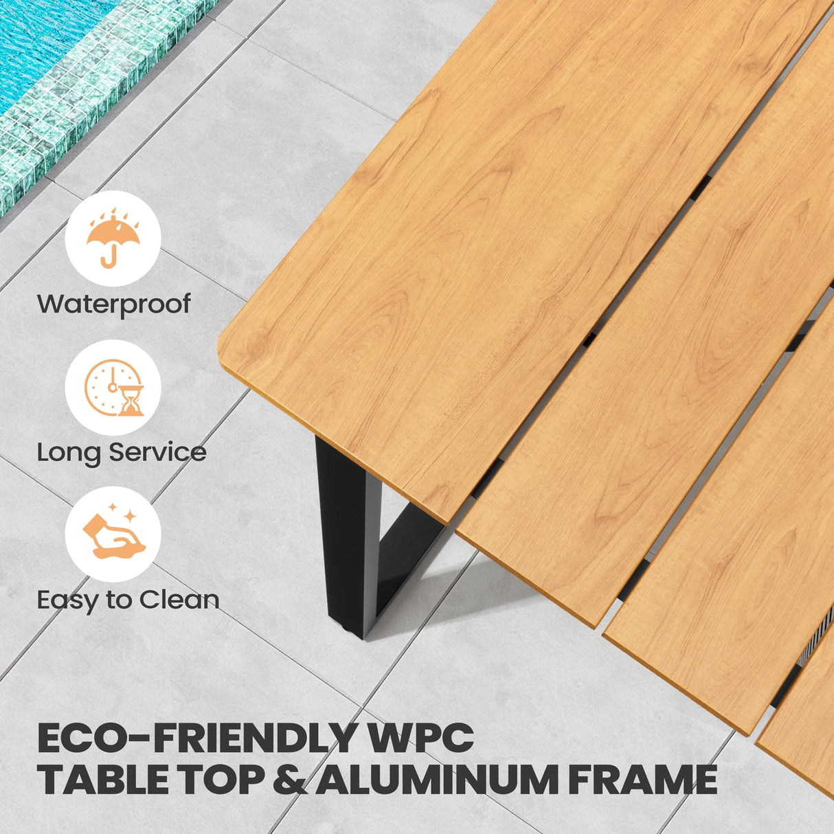 VredHom Outdoor Dining Table, 82.7 inch Patio Dining Table with Wooden-Like Top and Aluminum Frame, Rectangular Table with Umbrella Hole Outdoor Furniture, Only Table, Brown VredHom