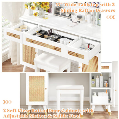 AMERLIFE Rattan Makeup Vanity Desk with Mirror and Lights, 47'' Modern Vanity Table with 3 Drawers & Shelves, Boho Large Vanity Set with 2 Rattan Door Cabinets for Bedroom, Stool Included, Wh - WoodArtSupply