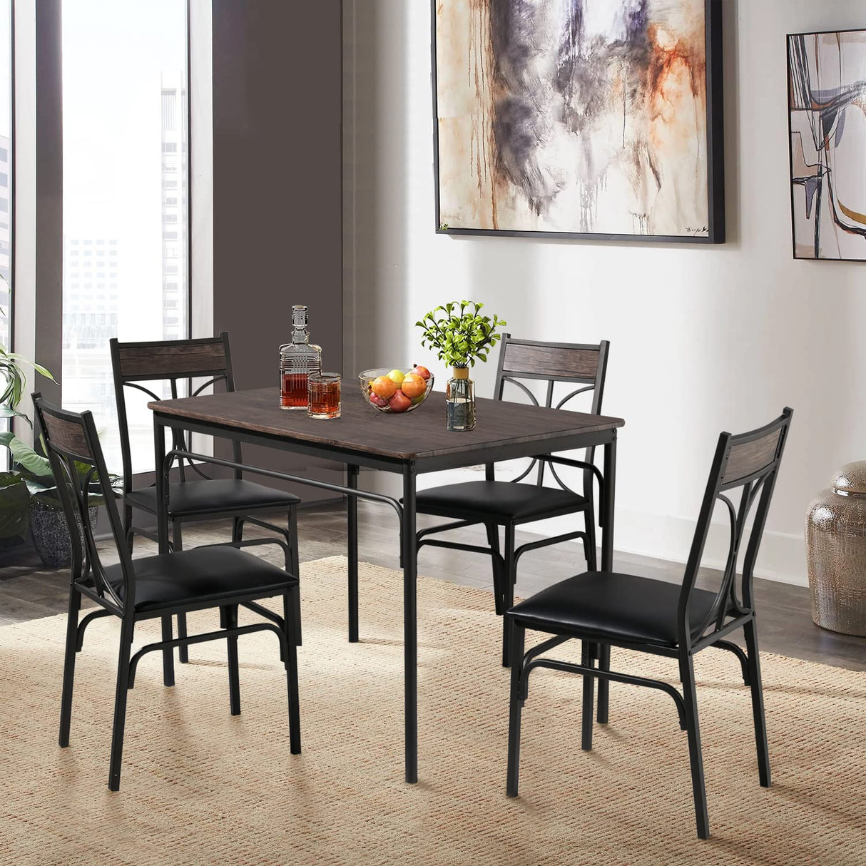 VECELO 5 Piece Kitchen Table Set for Dining Room,Dinette,Breakfast Nook,Industrial Style, Seating for Four, Brown VECELO