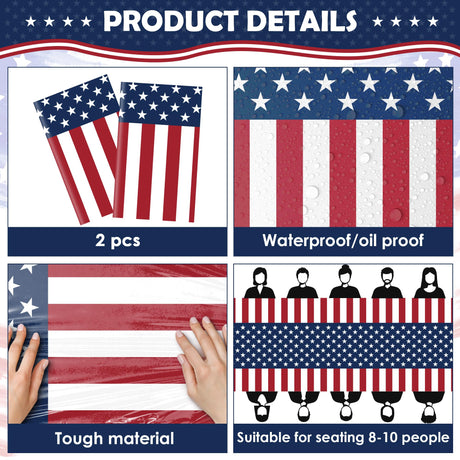 OHOME 4th of July Decorations - Memorial Day Decorations - Patriotic Decorations American Flag Plastic Tablecloth | Fourth of July Accessories for Home Outdoor Outside Party Favors,54"x108",2 Pack OHOME