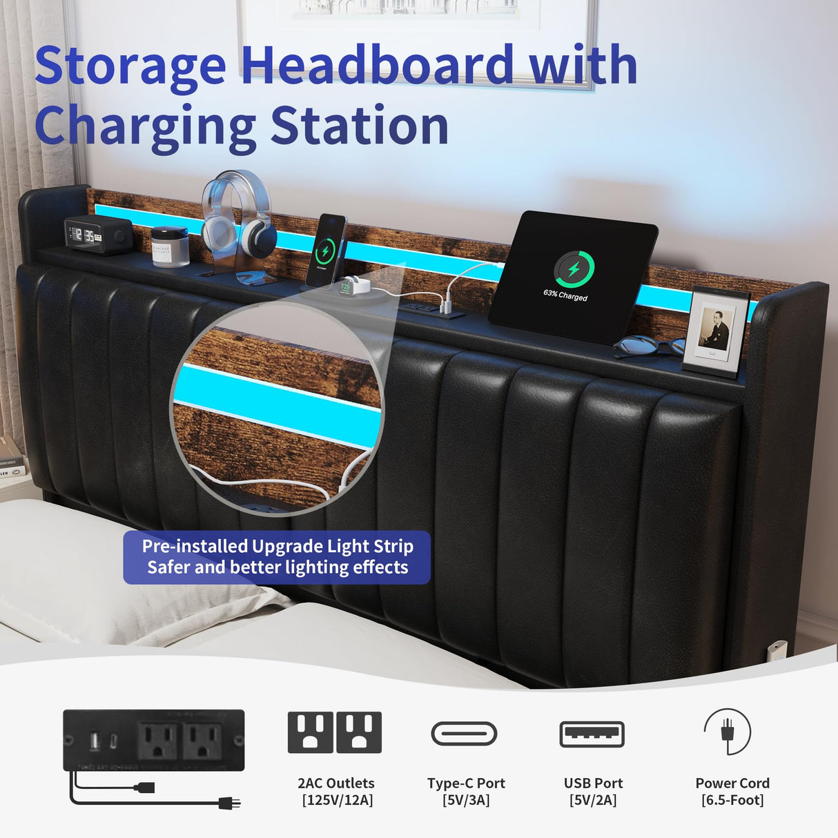 Queen Size Bed Frame with Adjustable Backrest Hidden Storage Headboard, PU Leather Upholstered Queen Bed Frame with Charging Station and LED Lights, Heavy Duty, No Box Spring Needed, Black&Brown Jocoevol