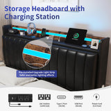 Queen Size Bed Frame with Adjustable Backrest Hidden Storage Headboard, PU Leather Upholstered Queen Bed Frame with Charging Station and LED Lights, Heavy Duty, No Box Spring Needed, Black&Brown Jocoevol