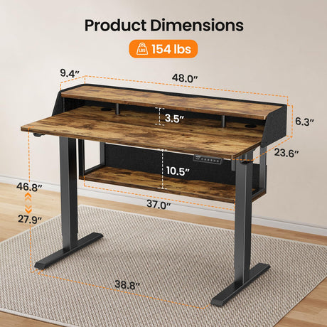 ErGear Standing Desk, 48x24 Inch Electric Standing Desk with Shelves, Height Adjustable Desk with Monitor Stand and Storage, Gaming Sit Stand Up Desk with LED Light for Home Office, Vintage Brown ErGear