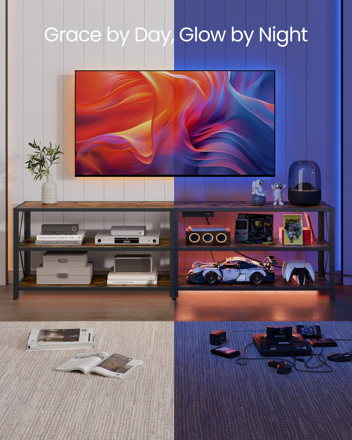 VASAGLE TV Stand with Power Outlets and LED Lights, for TVs up to 75 Inches, Entertainment Center with Open Storage Shelves, TV Console Table for Living Room, Rustic Brown and Ink Black ULTV119K01 VASAGLE