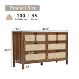 QEIUZON 6 Drawer Dresser, Modern Rattan Dresser Chest with Wide Drawers and Metal Handles, Farmhouse Wood Storage Chest of Drawers for Bedroom, Living Room, Entryway (Walnut-6 Drawers) QEIUZON