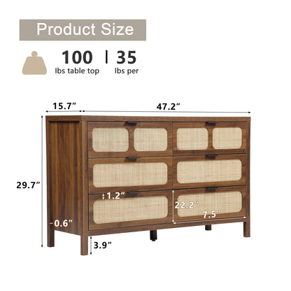 QEIUZON 6 Drawer Dresser, Modern Rattan Dresser Chest with Wide Drawers and Metal Handles, Farmhouse Wood Storage Chest of Drawers for Bedroom, Living Room, Entryway (Walnut-6 Drawers) - WoodArtSupply