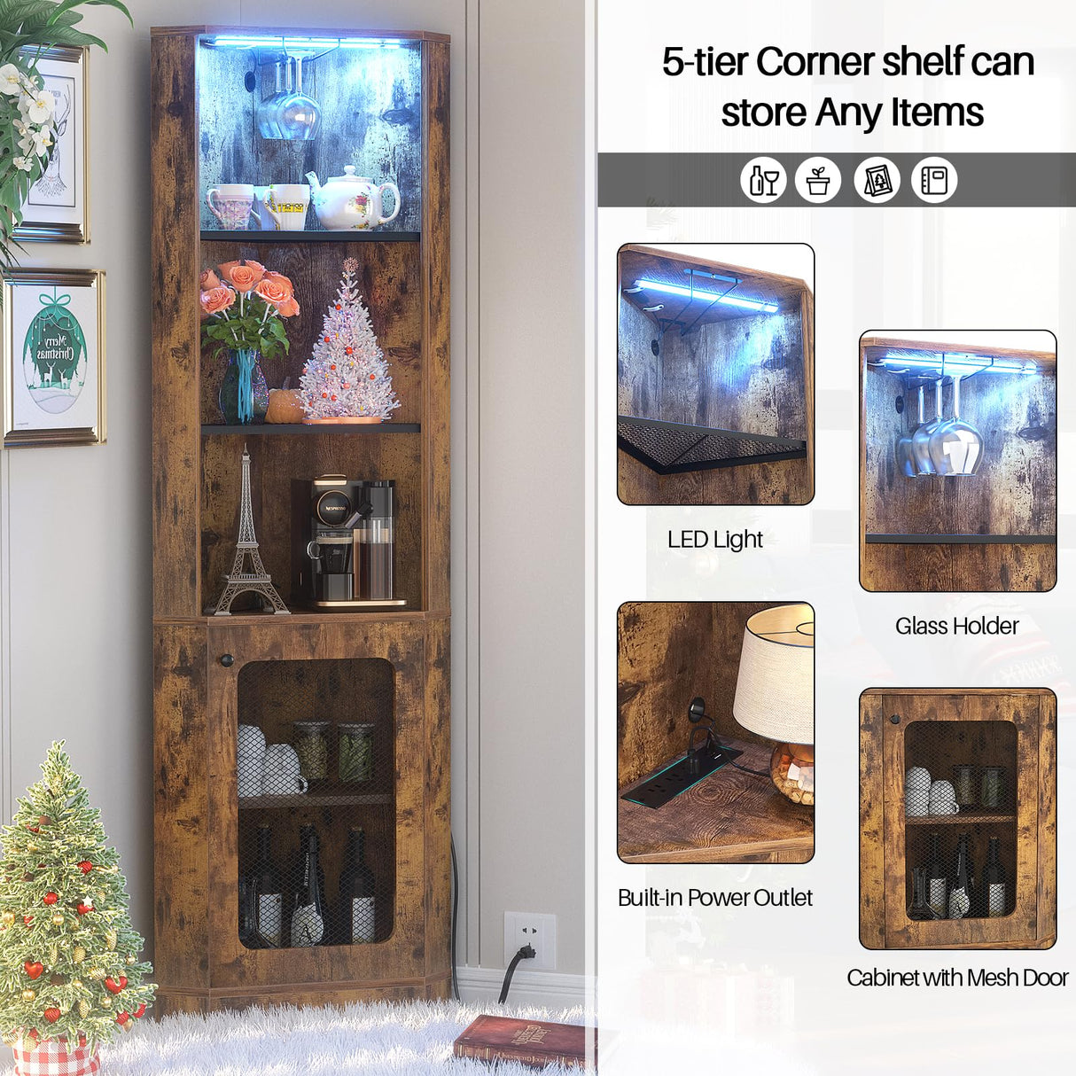 Hyomdeck 67-Inch Tall LED Corner Shelf with Charging Station - 5-Tier Rustic Brown Bookcase for Living Room, Kitchen, or Home Office Hyomdeck