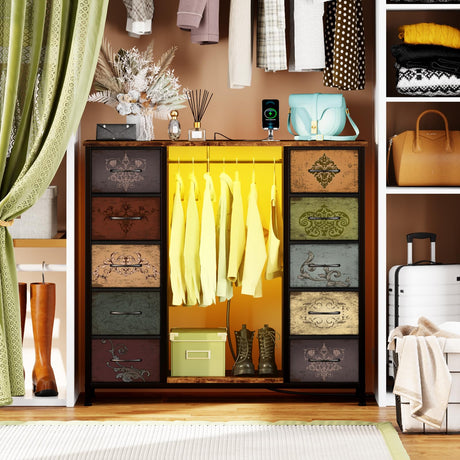 VASICAR 10 Drawers Dresser for Bedroom with Hanging Rack, Wood Top Chest of Drawers with Charging Station LED Lights, Colorful Clothes Organizer Storage Drawer Units for Closets, Nursery VASICAR