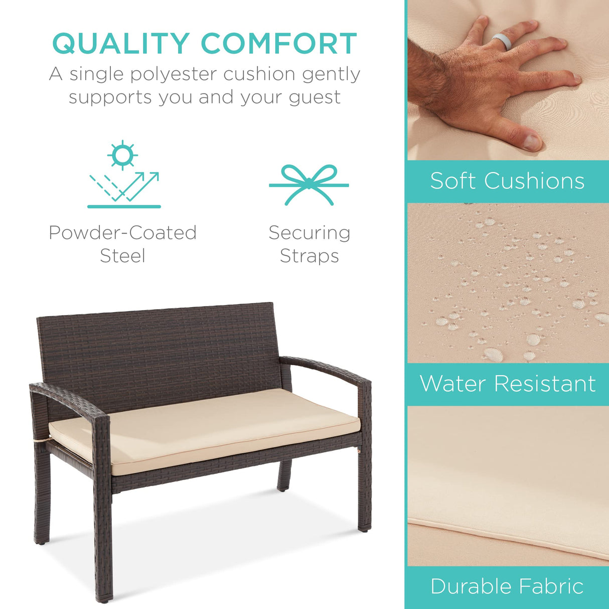 Best Choice Products Outdoor Bench 2-Person Wicker Garden Patio Benches Seating Furniture for Backyard, Porch w/Seat Cushion, 700lb Capacity - Brown/Tan Best Choice Products