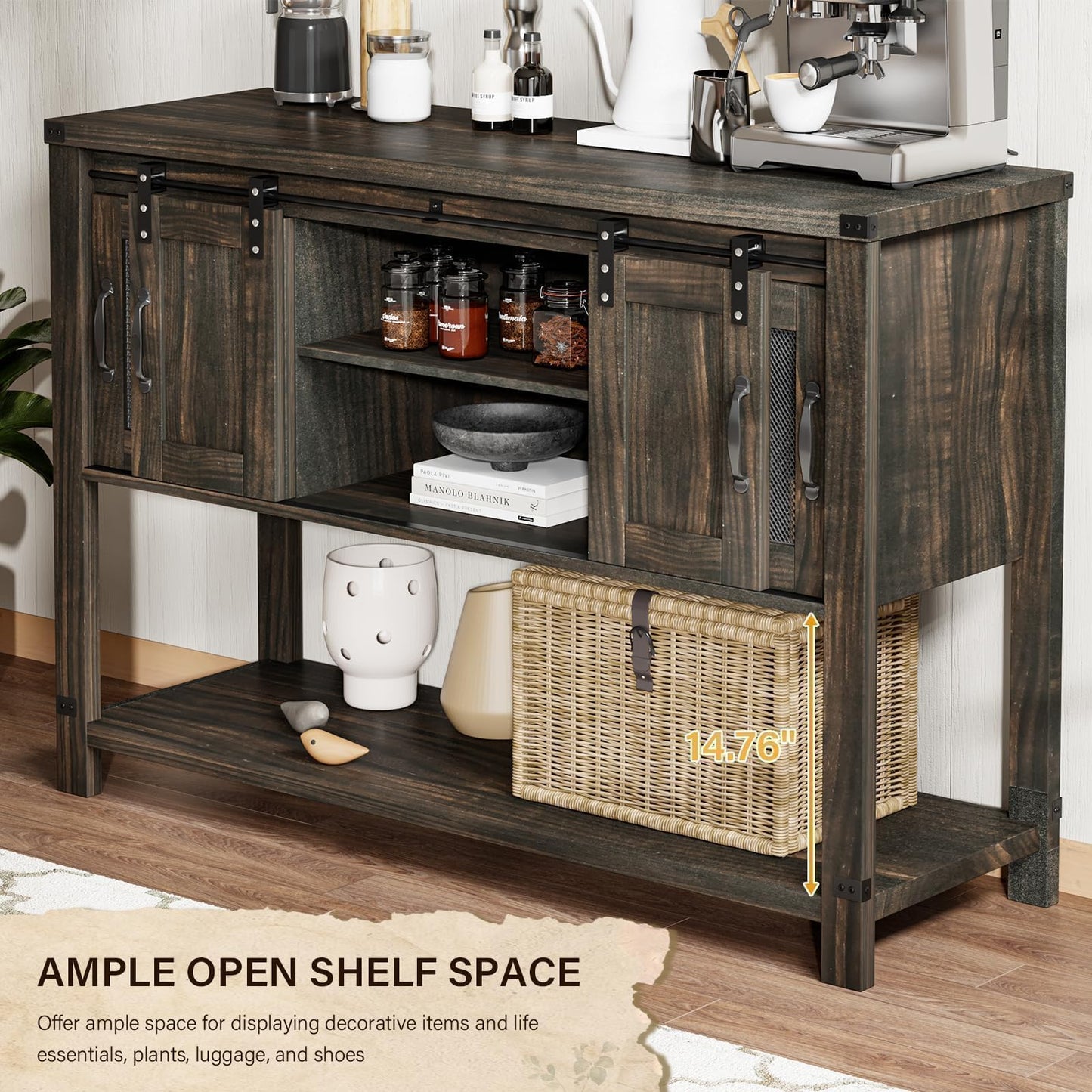 4ever2buy Buffet Cabinet with Storage, Farmhouse Coffee Bar Table with Sliding Barn Door, 47" Console Table with Metal Mesh Doors, Brown Coffee Bar Cabinet with Bottom Open Shelf, Living Room - WoodArtSupply