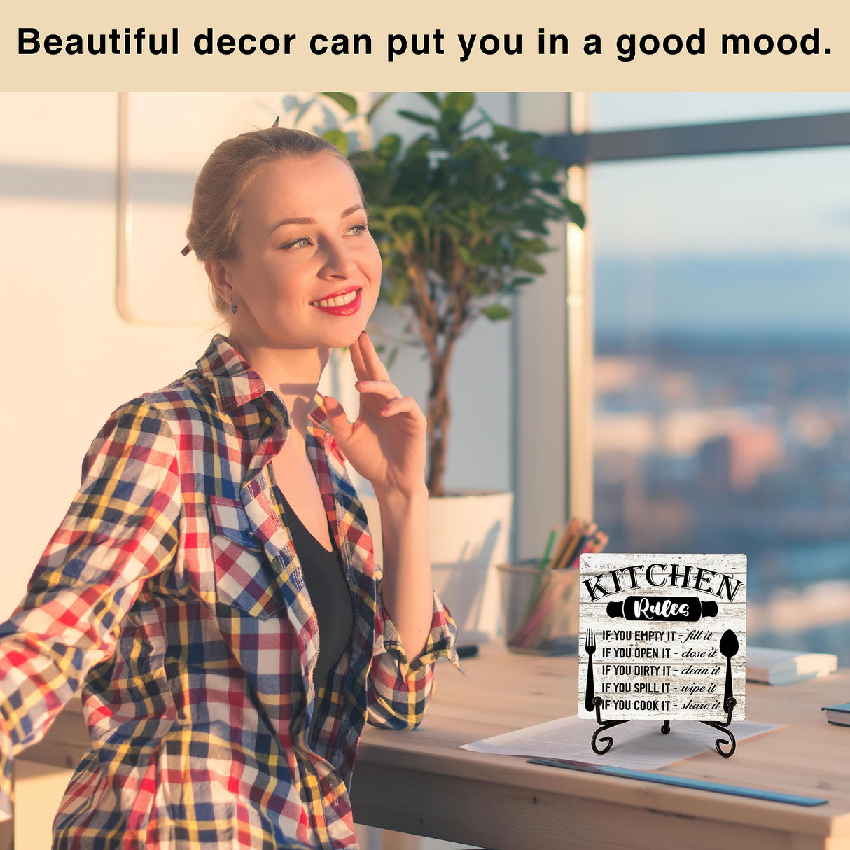 Rustic Wood Plaque with Stand - Kitchen Decor - Kitchen Rules Wood Sign - Idea Wooden Decor for Home Living Room Dining Room Shelf Table Decoration (31) DETIHO