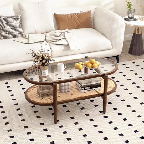 NAFORT 2-Tier Glass Coffee Table, 40" Oval Center Table with Tempered Glass Top, PE Wicker Storage Shelf, Farmhouse Modern Boho Tea Table for Living Room, Office, or Balcony (Bohemian, Brown) NAFORT