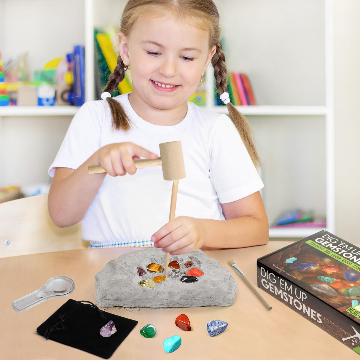 LotFancy Gemstone Dig Kit, Excavate 20 Real Gems, Science Kit for Kids Age 8-12, Educational Toy, Birthday Gift for Boys Girls with Mining Tools LotFancy