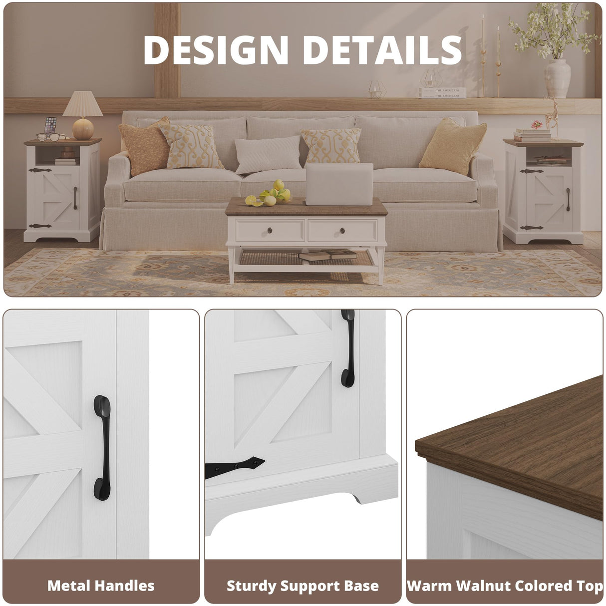 IRONCK Farmhouse Nightstand with Charging Station, Rustic Night Stand with Barn Door and Shelf, Rustic End Table Side Table with Storage for Bedroom, White/Walnut IRONCK