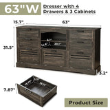 JanflyHome Wood Rustic Chest of Drawers, 63" Wide Vintage 7 Dresser with Outlet and Lights, Farmhouse Drawers Dresser with 4 Drawers & 3 Cabinets for Living Room, Dark Rustic Oak JanflyHome