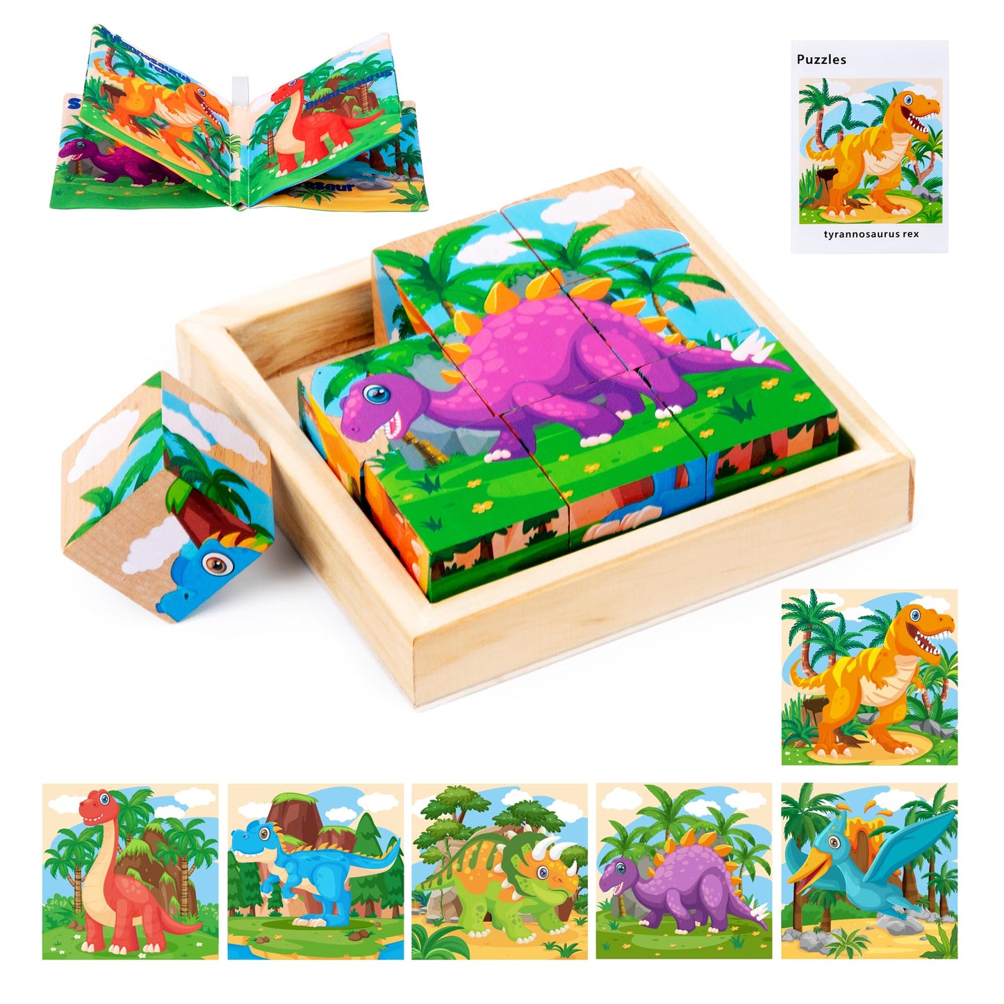 Wooden Dinosaur Block Puzzles for Kids Ages 3-5 with Baby Book, Jigsaw Puzzles Preschool Educational Interactive Toys Gift for Boys Girls, Wood Dino Cube Puzzles for Toddlers 2 3 4 5 6 Years Old