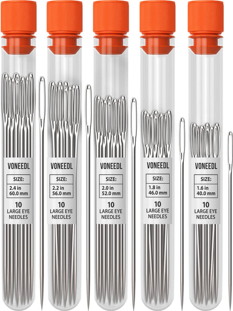 VONEEDL 50 PCS Large Eye Sturdy Hand Sewing Needles - Easy to Thread Embroidery Needles - Big Eye Cross Stitch, Quilting, Crewel, Darning, Crafting Needles VONEEDL